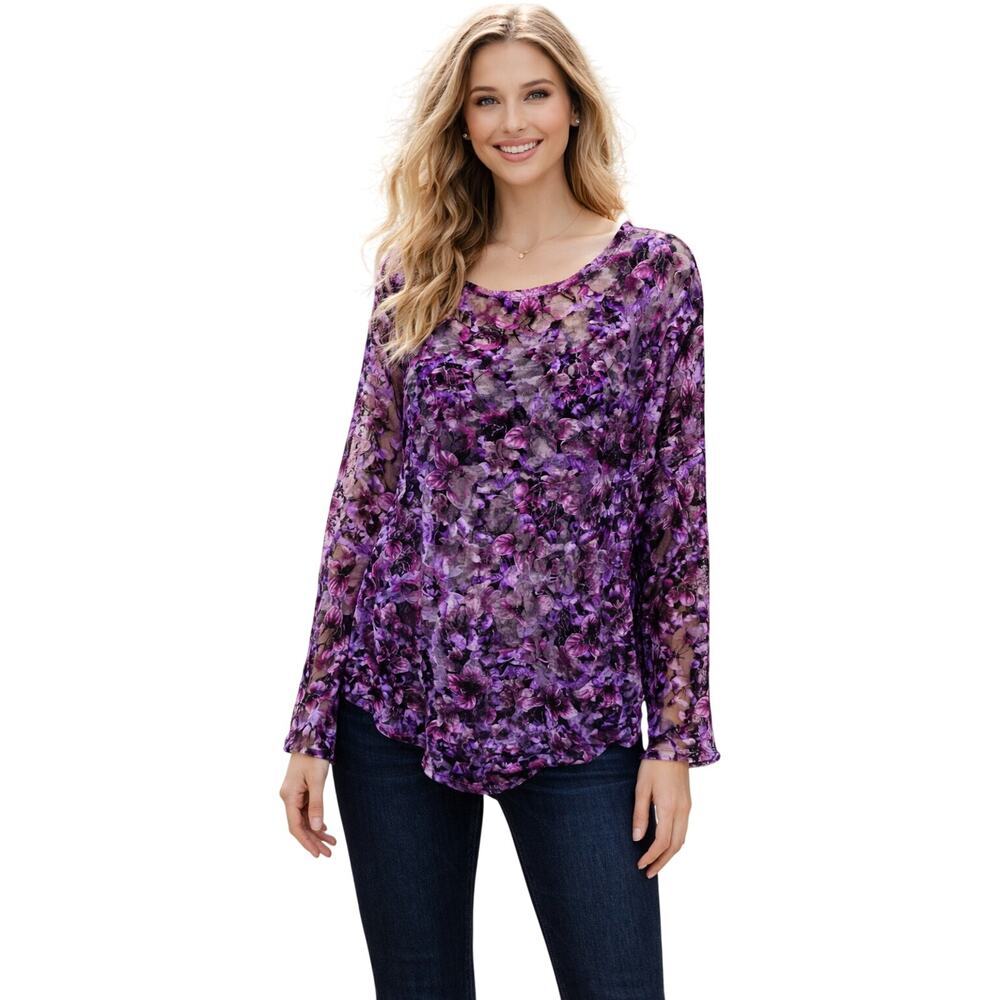 Willow bay sheer floral purple stretch long sleeve stretch layering blouse 1X